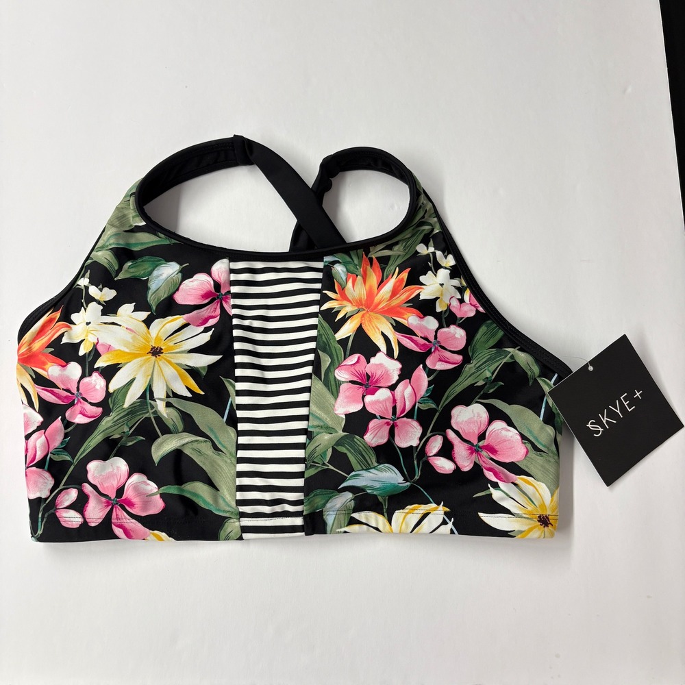 NWT Skye+ Womens Bikini Top 1X Black Floral Striped Tropical Lace Up High Neck